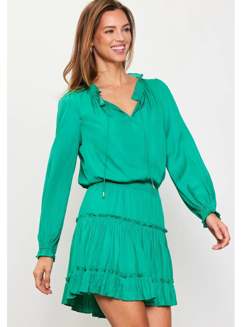Ramy Brook Sabina Long Sleeve Dress Emerald Green Tiered Ruffle Size Small
